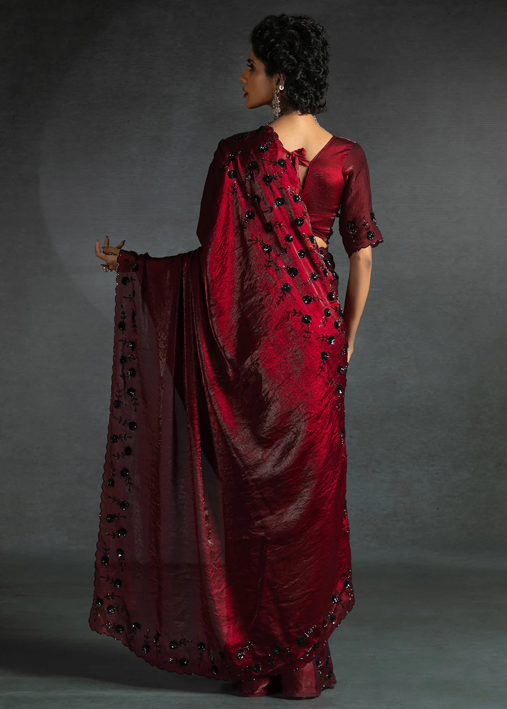 Gleaming Red Cutdana Work Designer Party Wear Saree - Image 3
