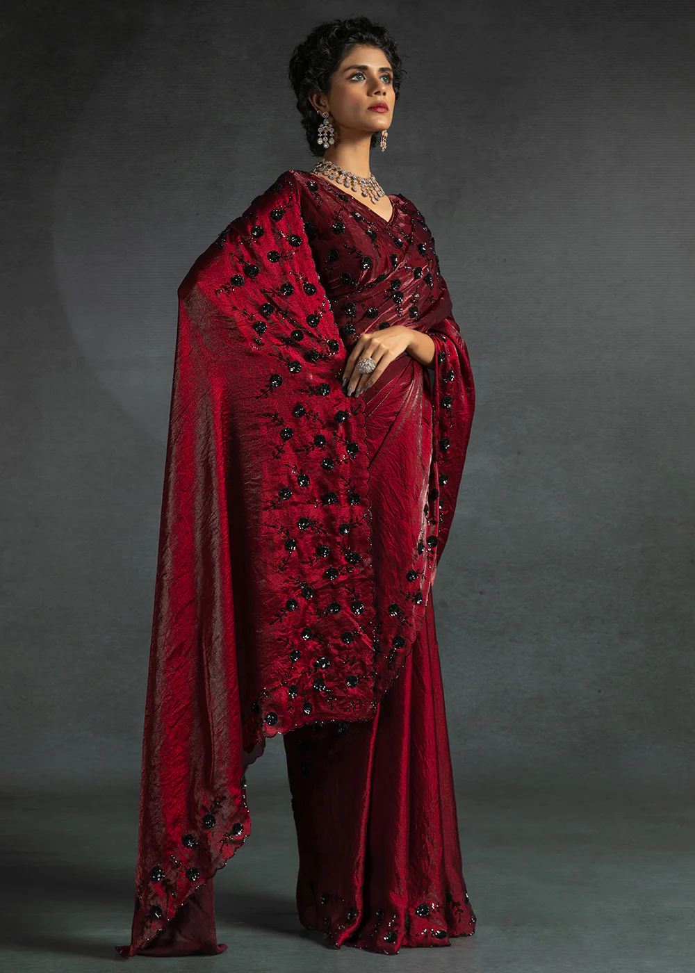 Gleaming Red Cutdana Work Designer Party Wear Saree - Image 4