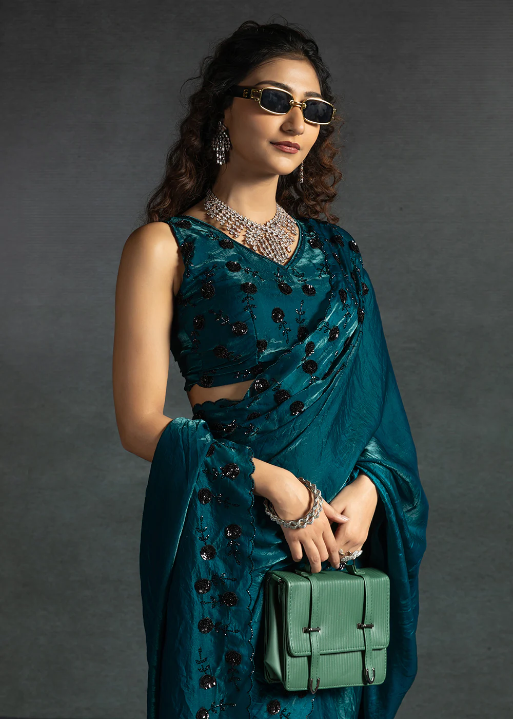 Gleaming Teal Cutdana Work Designer Party Wear Saree - Image 2