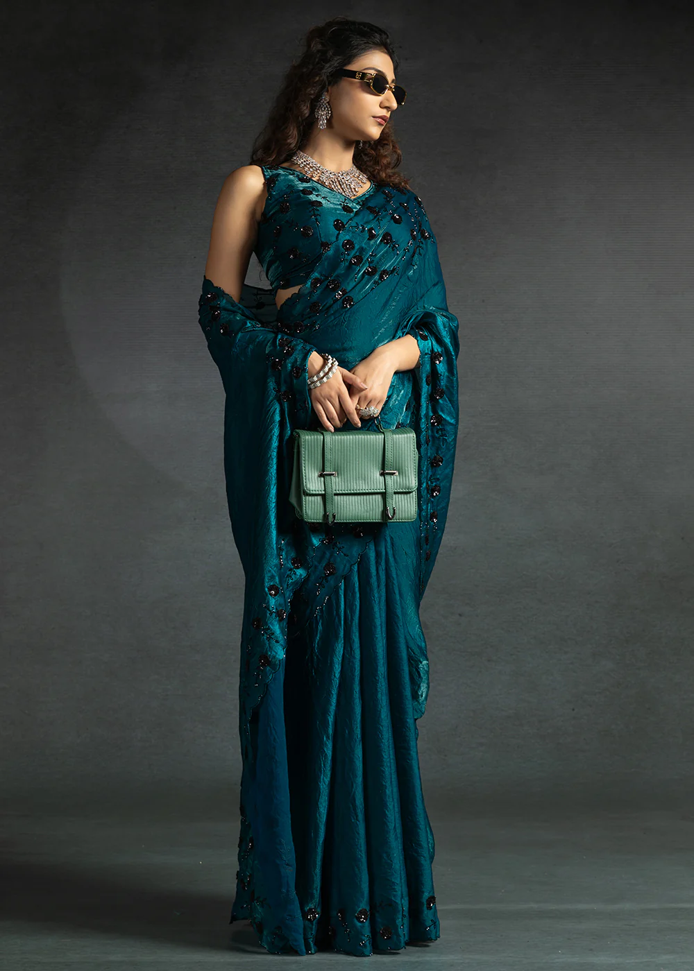 Gleaming Teal Cutdana Work Designer Party Wear Saree - Image 4