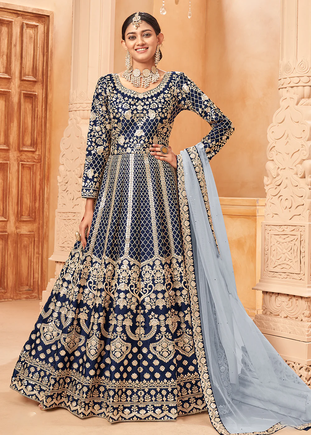 Glittering Navy Blue & Gold Embroidered Silk Anarkali Suit - Image 3