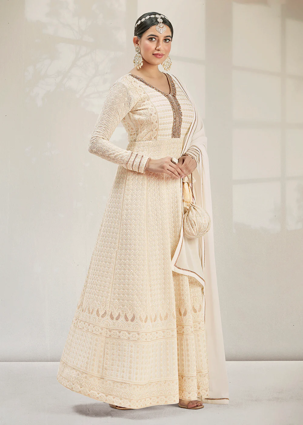 Glittering Party Style Pearl White Traditional Embroidered Anarkali Suit