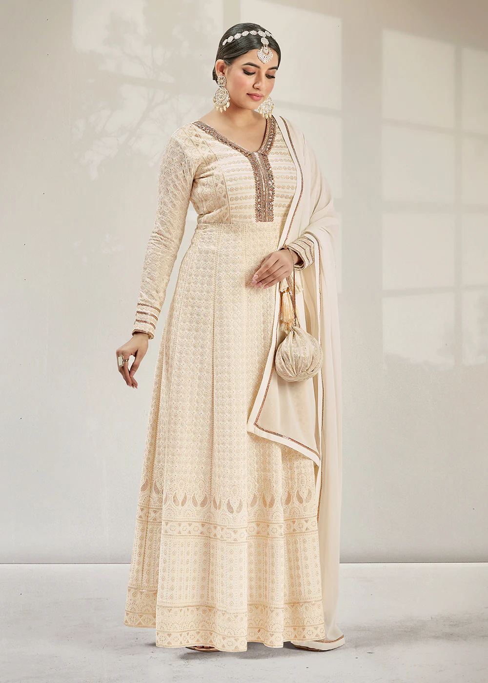 Glittering Party Style Pearl White Traditional Embroidered Anarkali Suit - Image 4