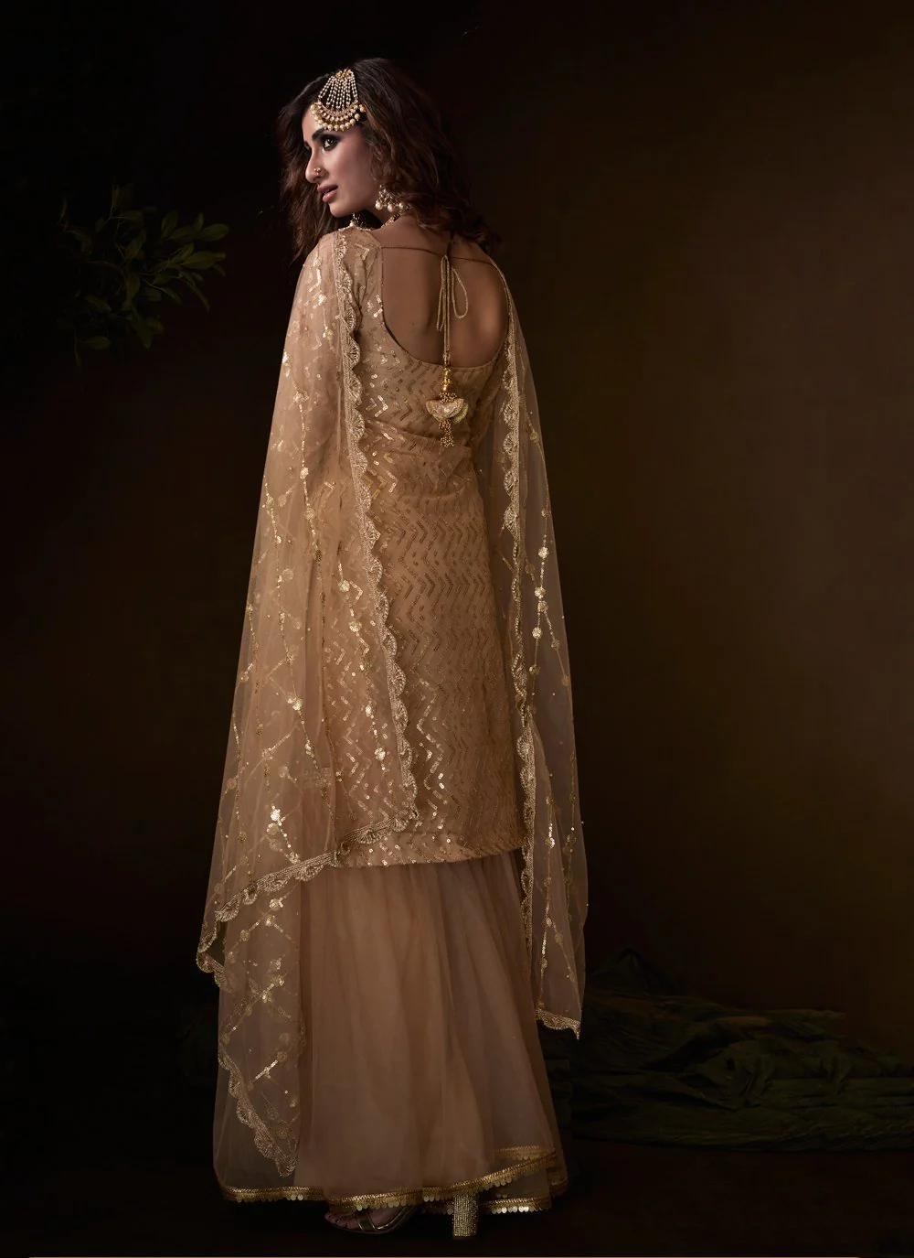 Glorious Beige Color Embroidered Designer Net Palazzo Suit - Image 2