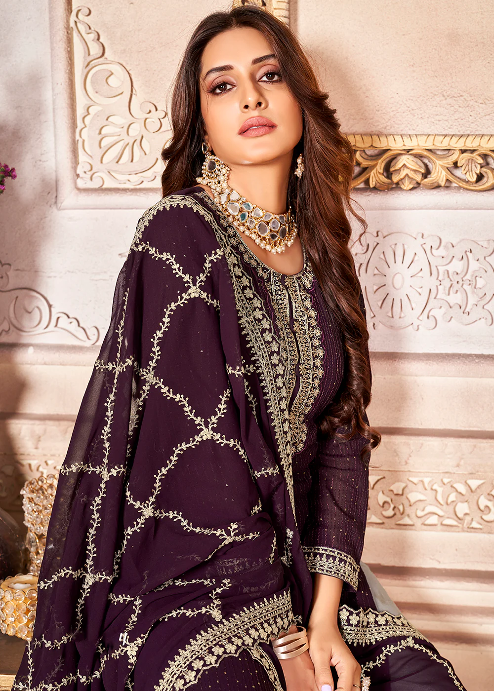Glorious Purple Indian Georgette Ceremonial Salwar Suit - Image 2