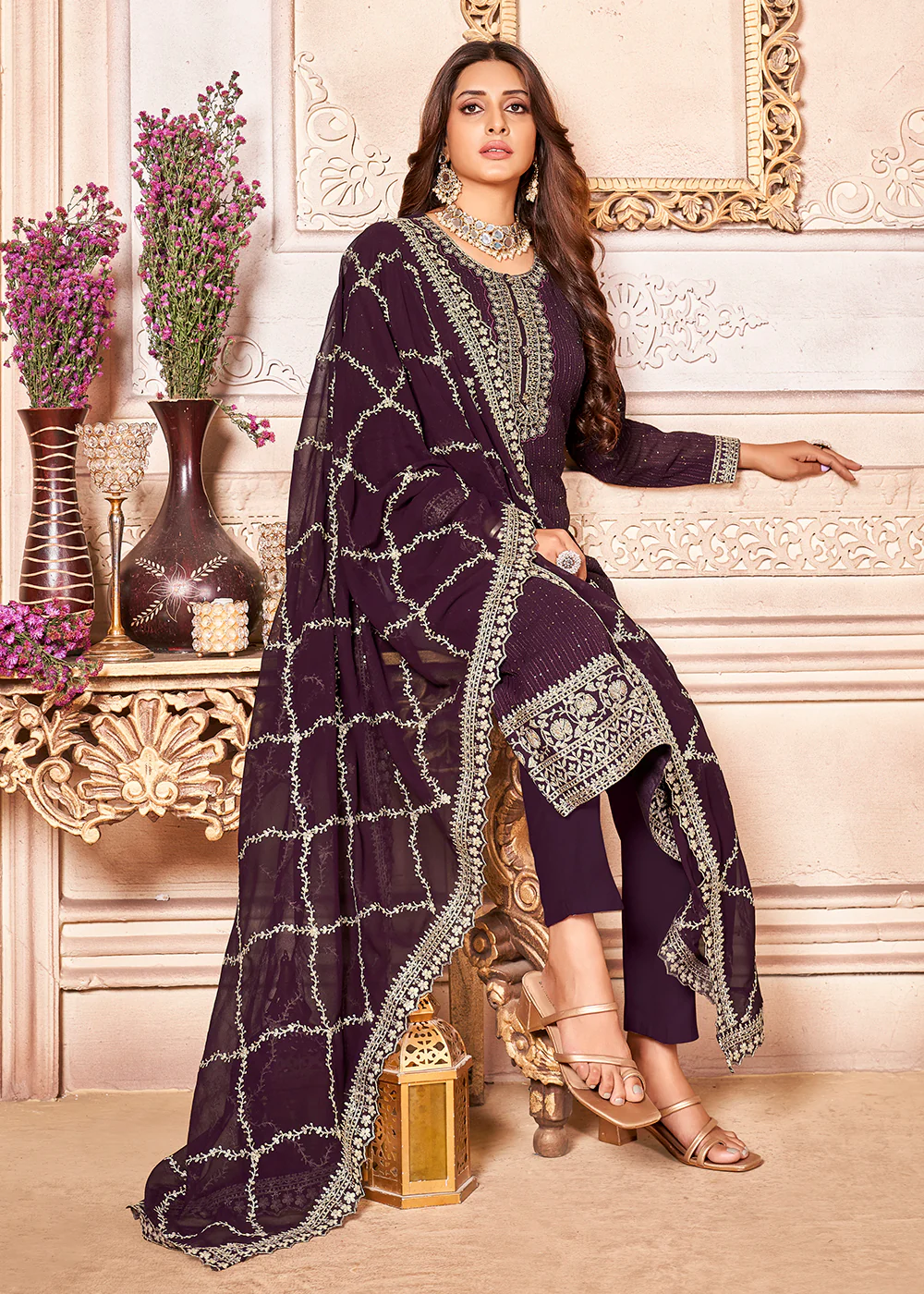 Glorious Purple Indian Georgette Ceremonial Salwar Suit - Image 3