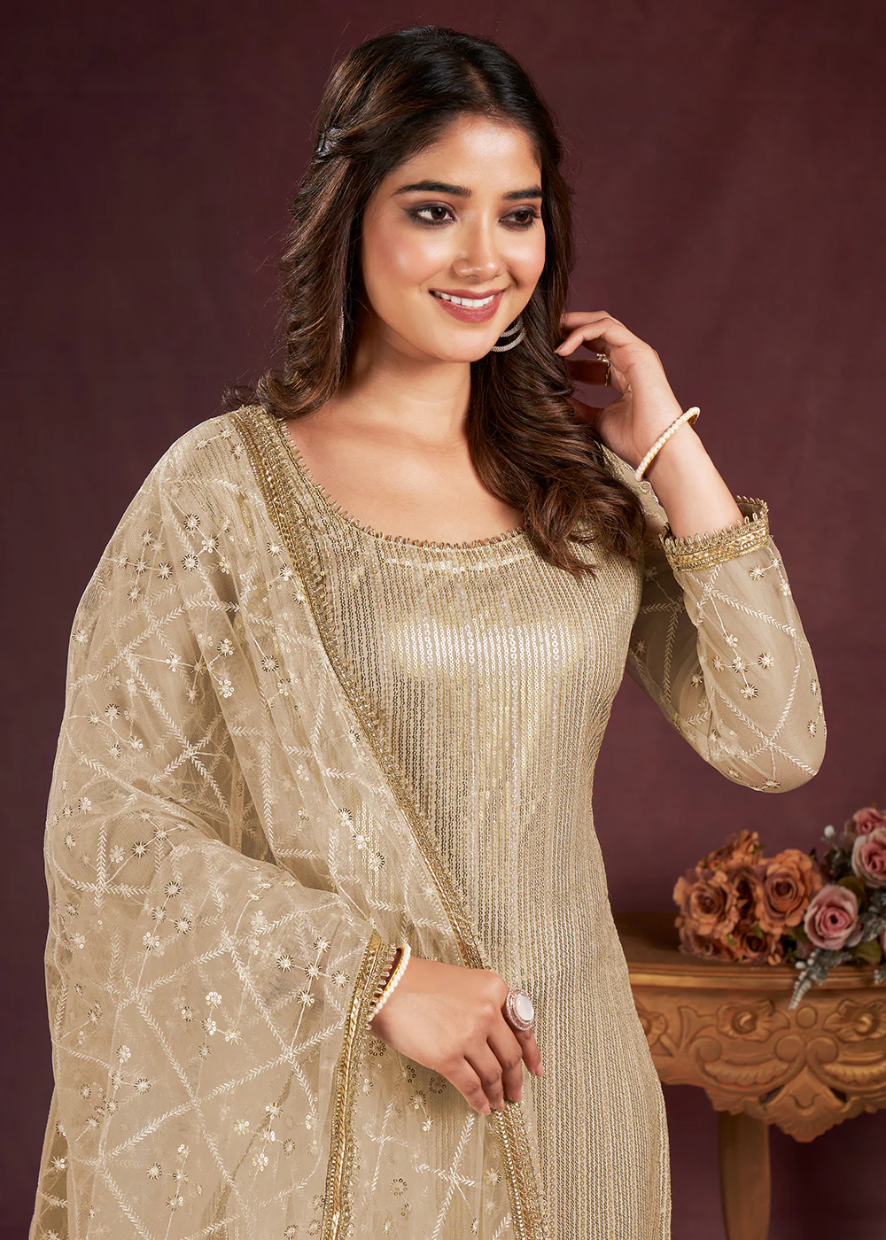 Gold Beige Butterfly Net Embroidered Festive Salwar Suit - Image 2
