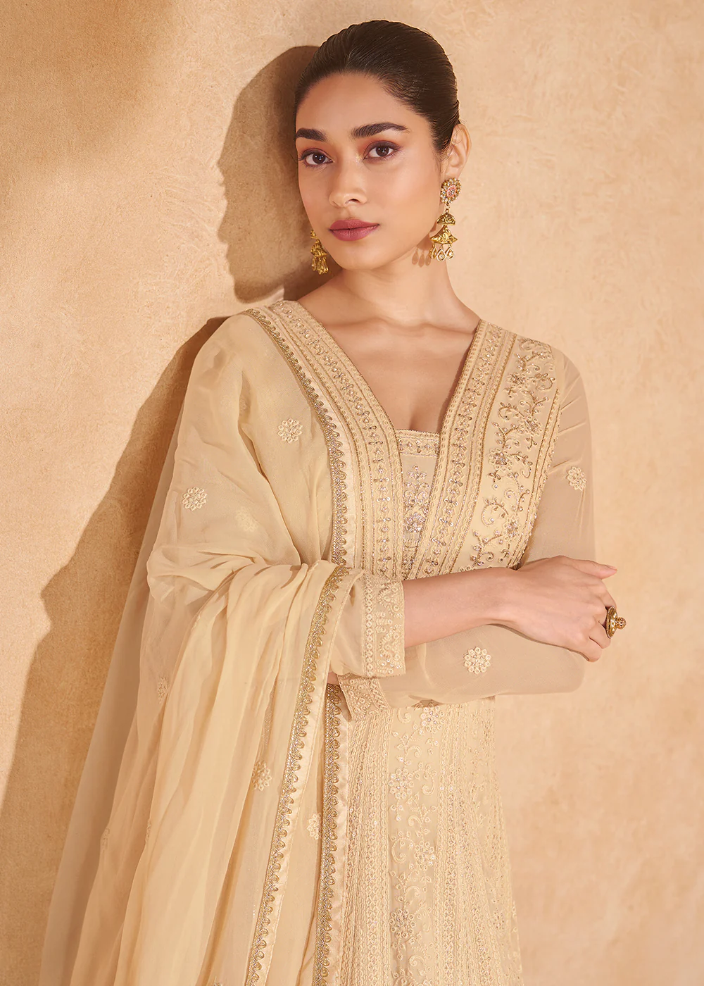 Gold Beige Chikankari Embroidered Wedding Anarkali Gown - Image 2