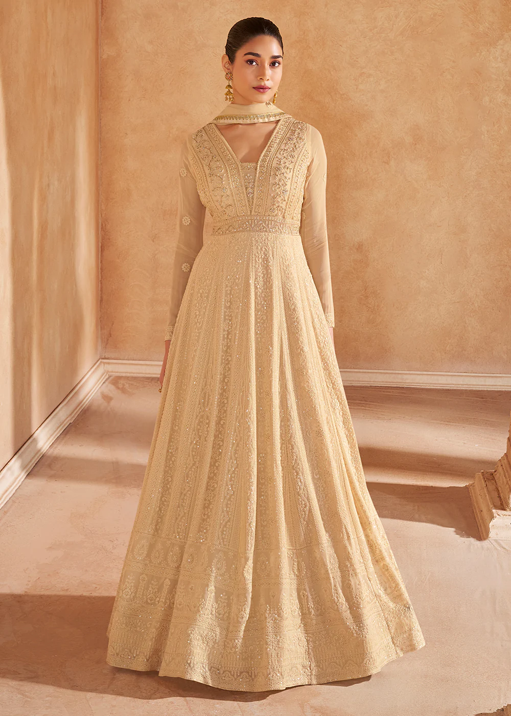 Gold Beige Chikankari Embroidered Wedding Anarkali Gown - Image 3