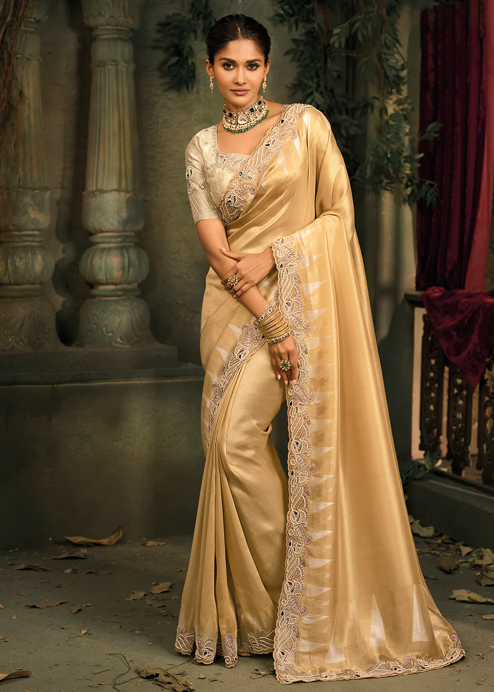 Gold Beige Premium Quality Silk Designer Wear Saree