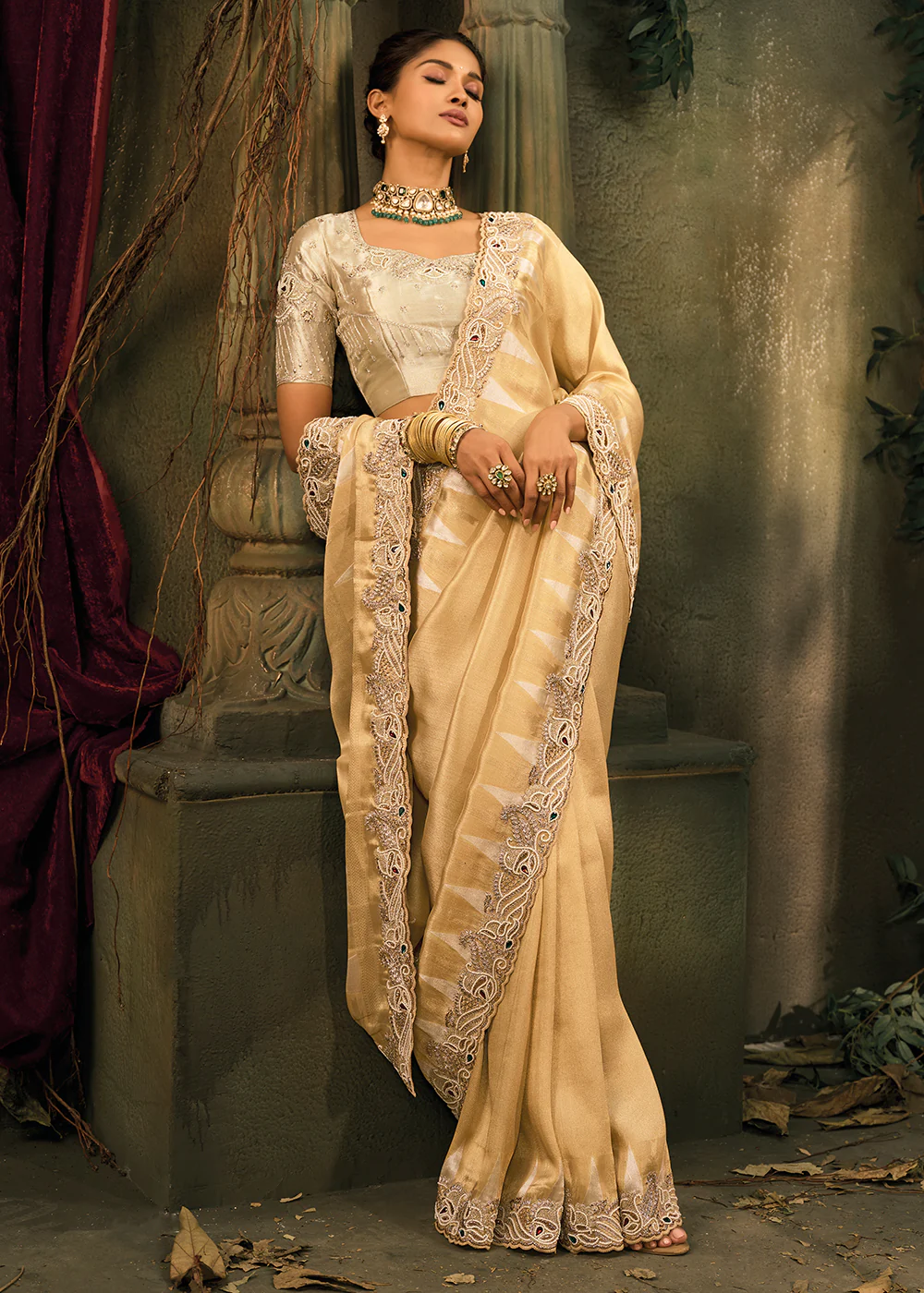 Gold Beige Premium Quality Silk Designer Wear Saree - Image 4
