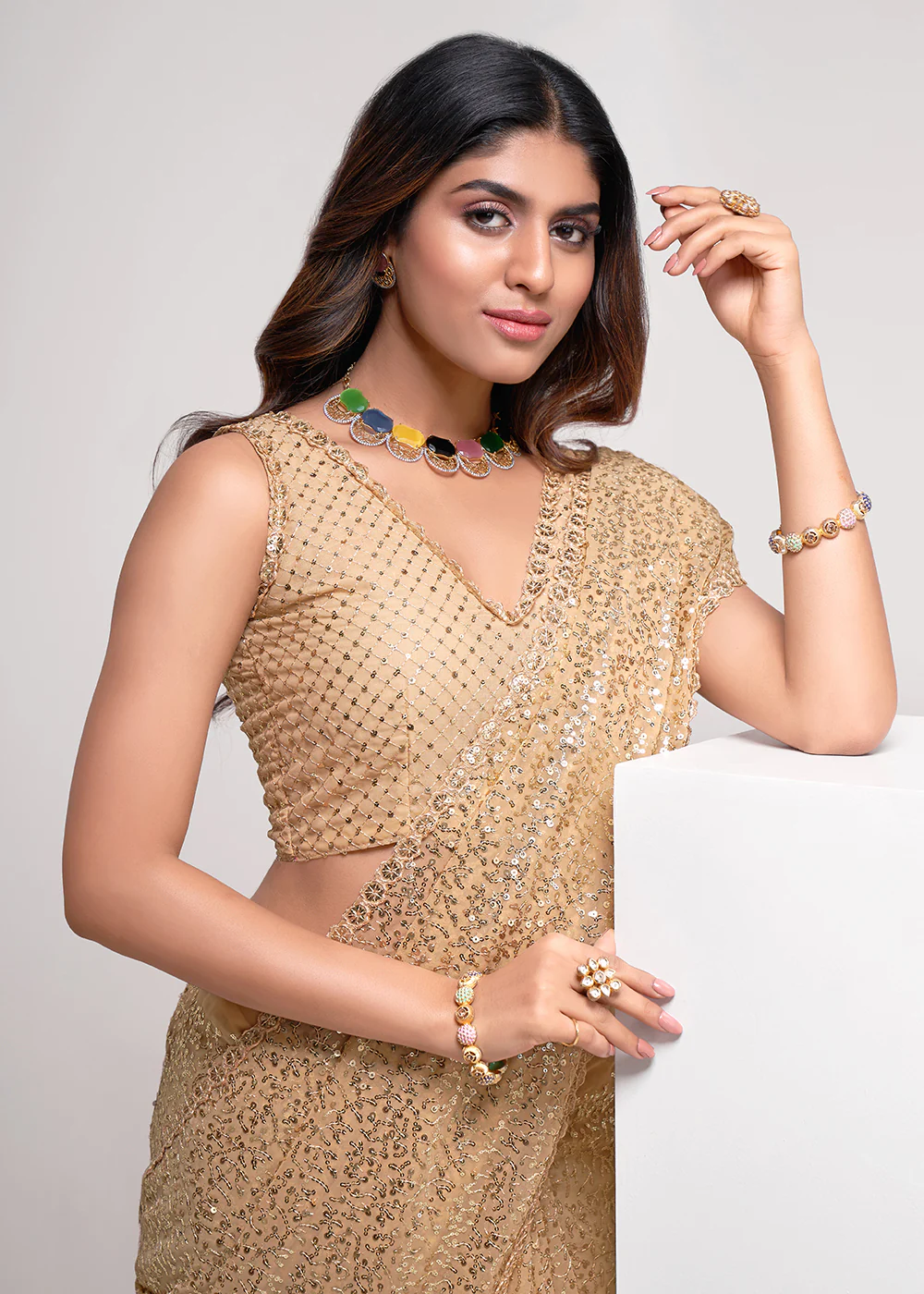 Gold Beige Thread & Multi Sequins Work Party Wear Saree - Image 2