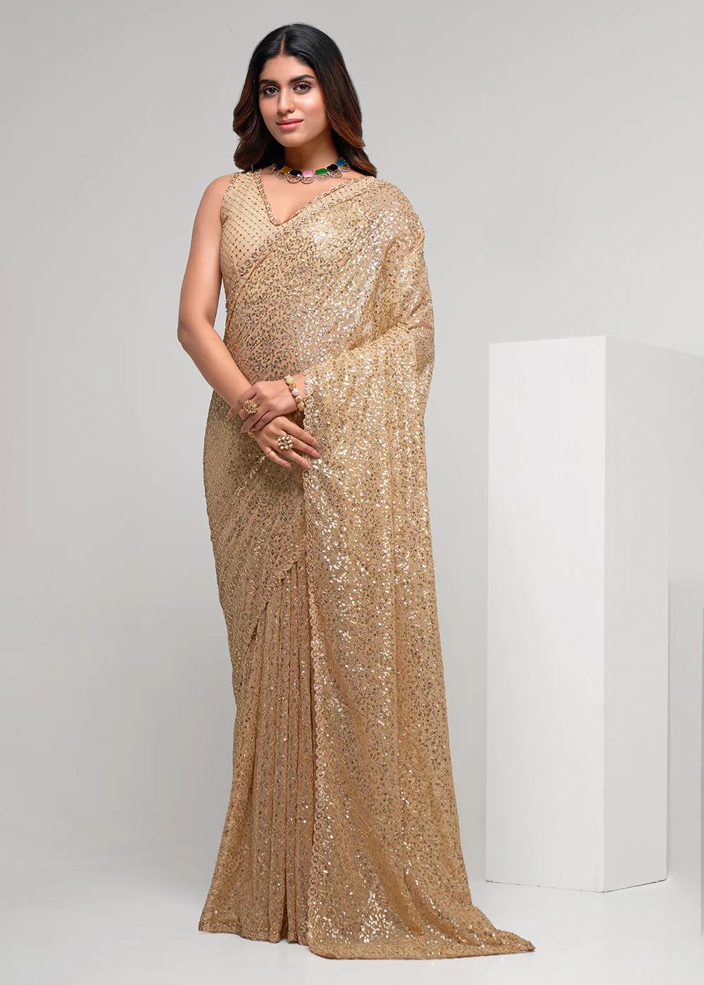 Gold Beige Thread & Multi Sequins Work Party Wear Saree - Image 3