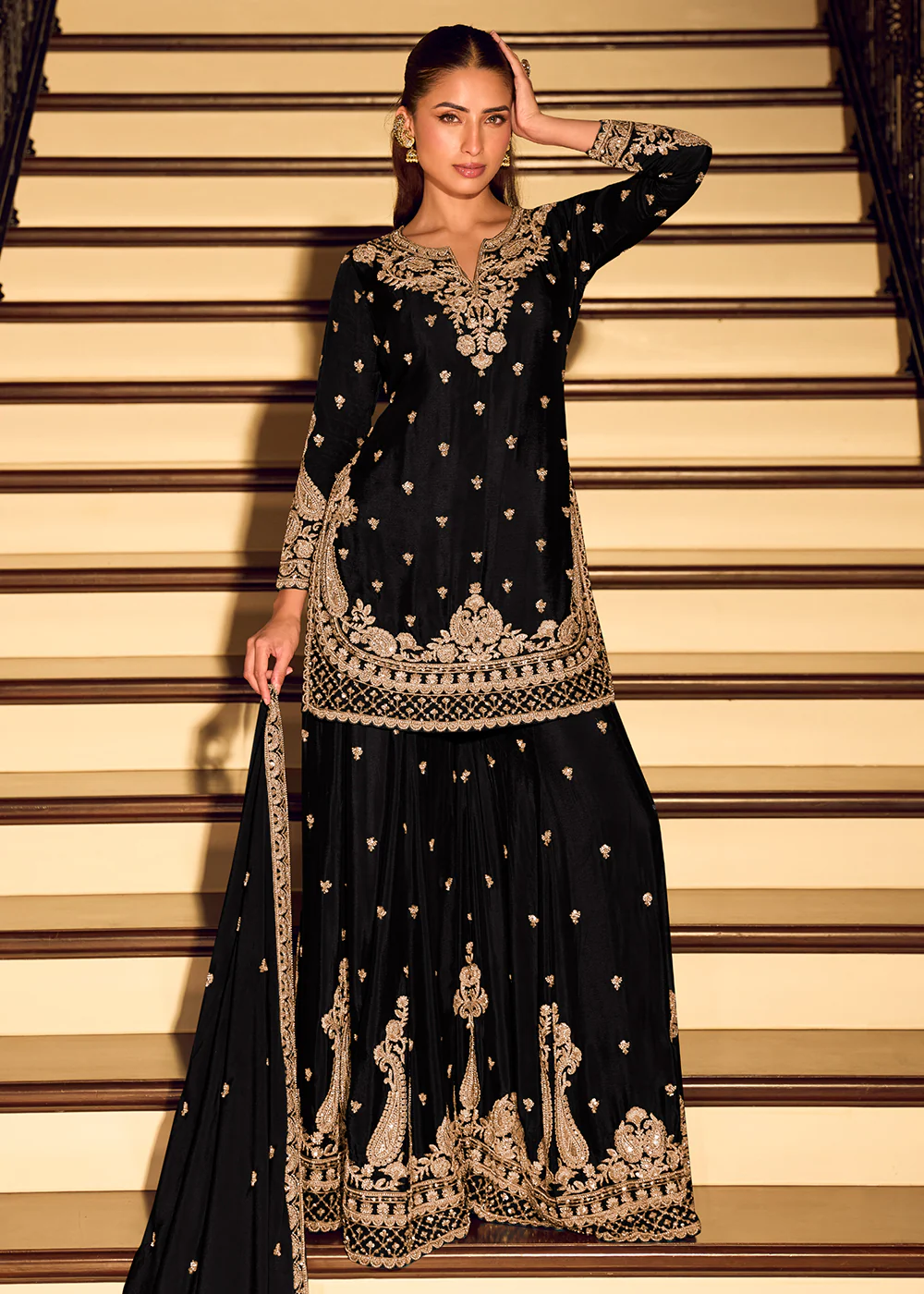 Gold Embroidered Black Eid Style Sharara Suit
