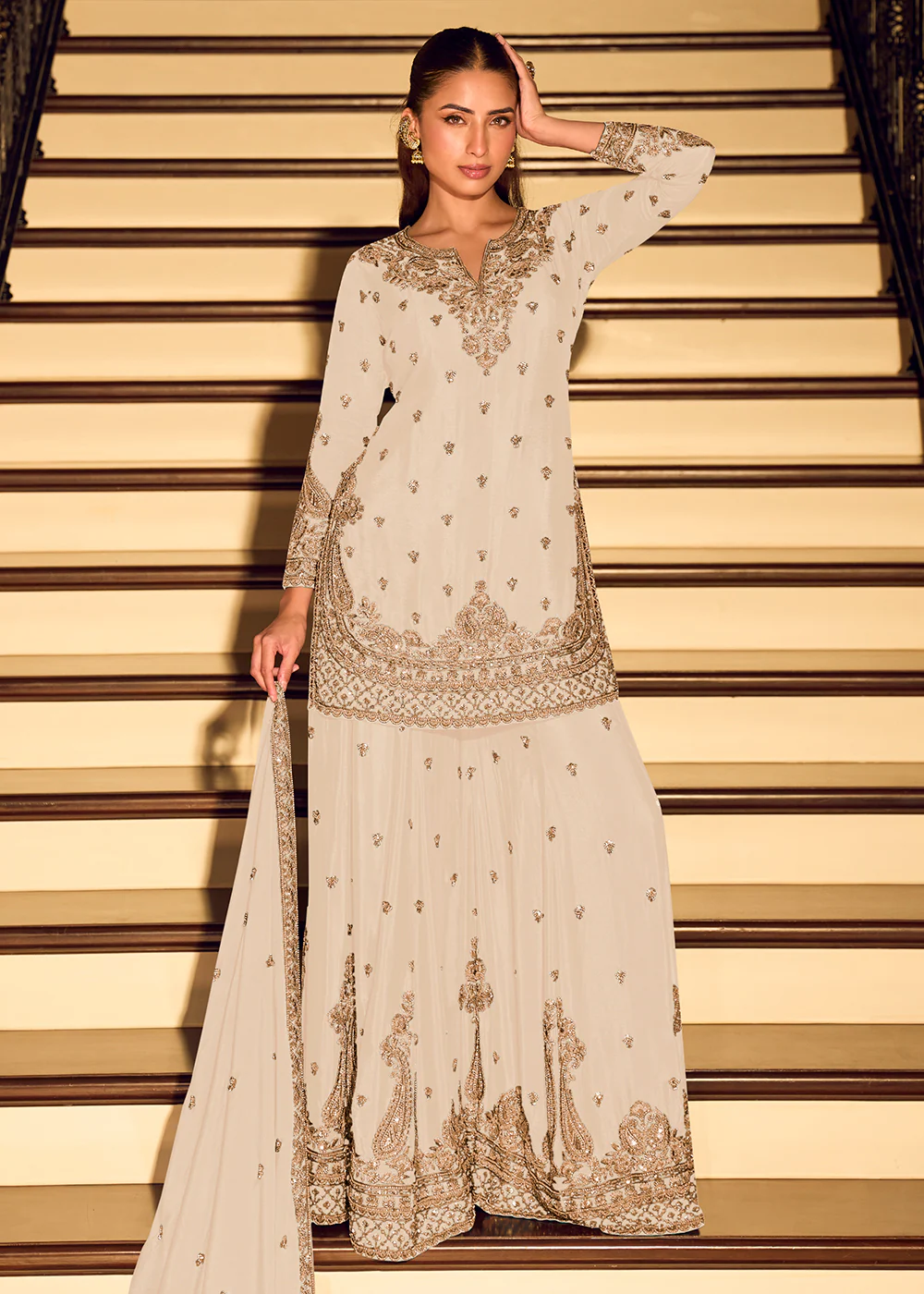 Gold Embroidered Off White Eid Style Sharara Suit