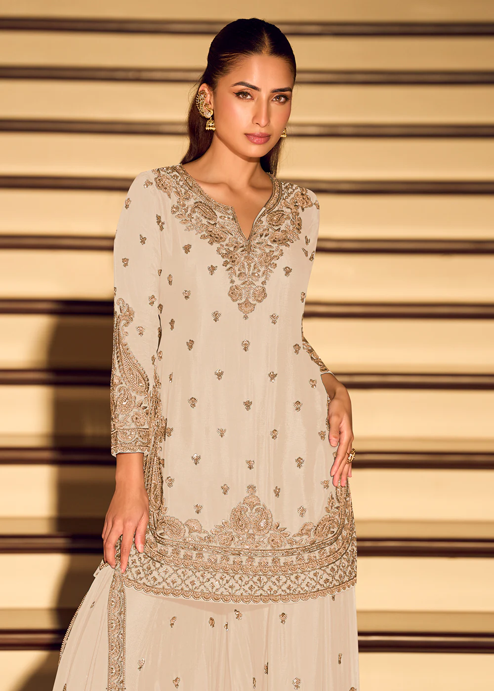 Gold Embroidered Off White Eid Style Sharara Suit - Image 2