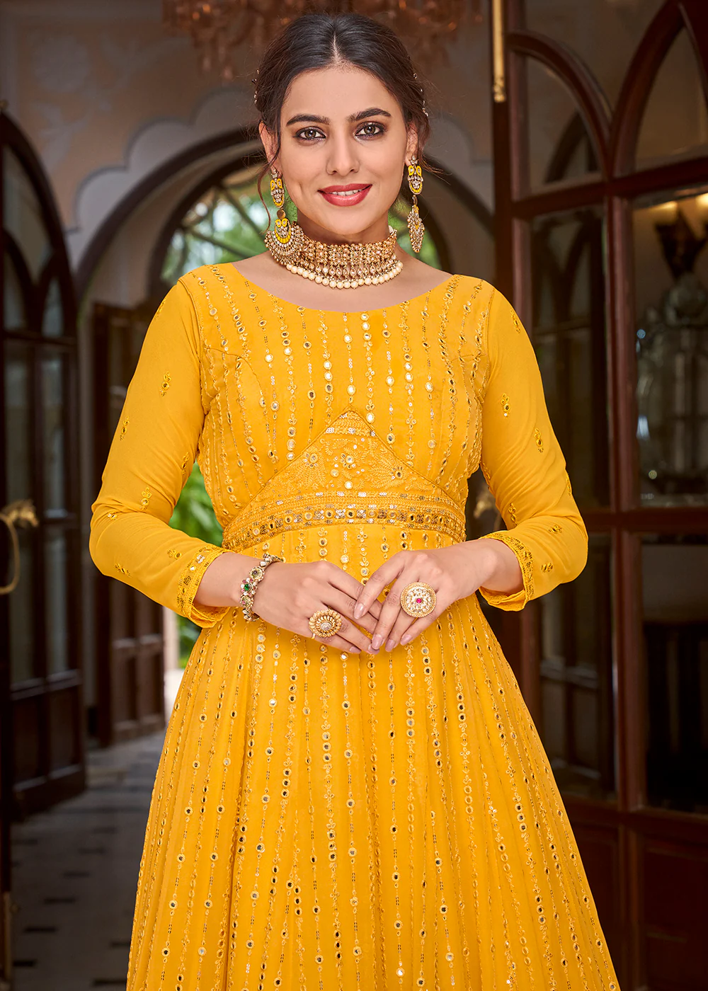Gold Yellow Pretty Embellished Work Wedding Anarkali Dress - Image 2