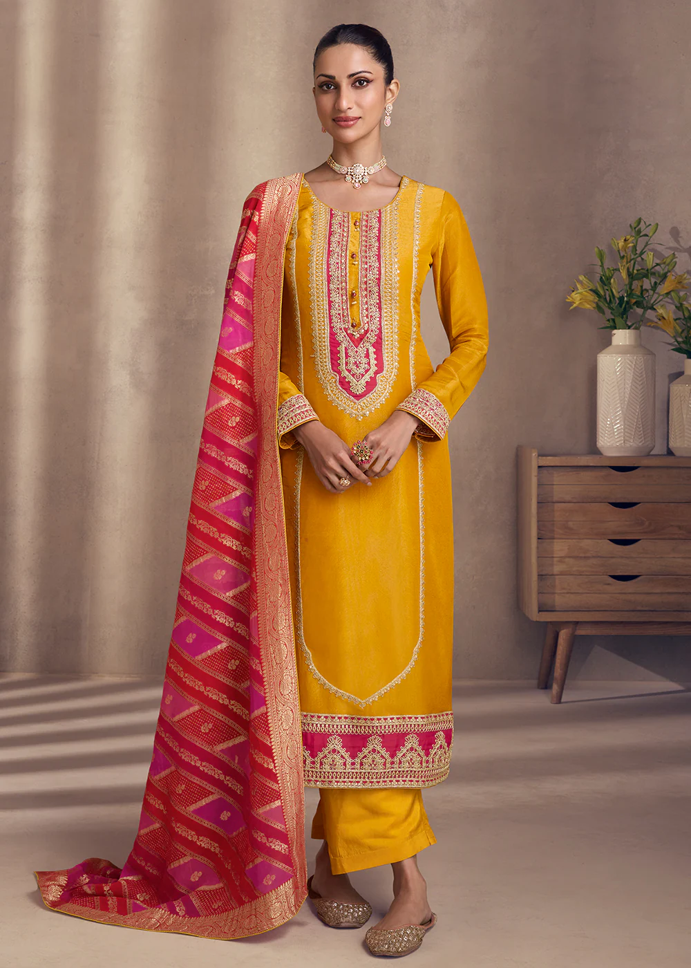 Gold Yellow Shimmer Silk Wedding Festive Salwar Kameez