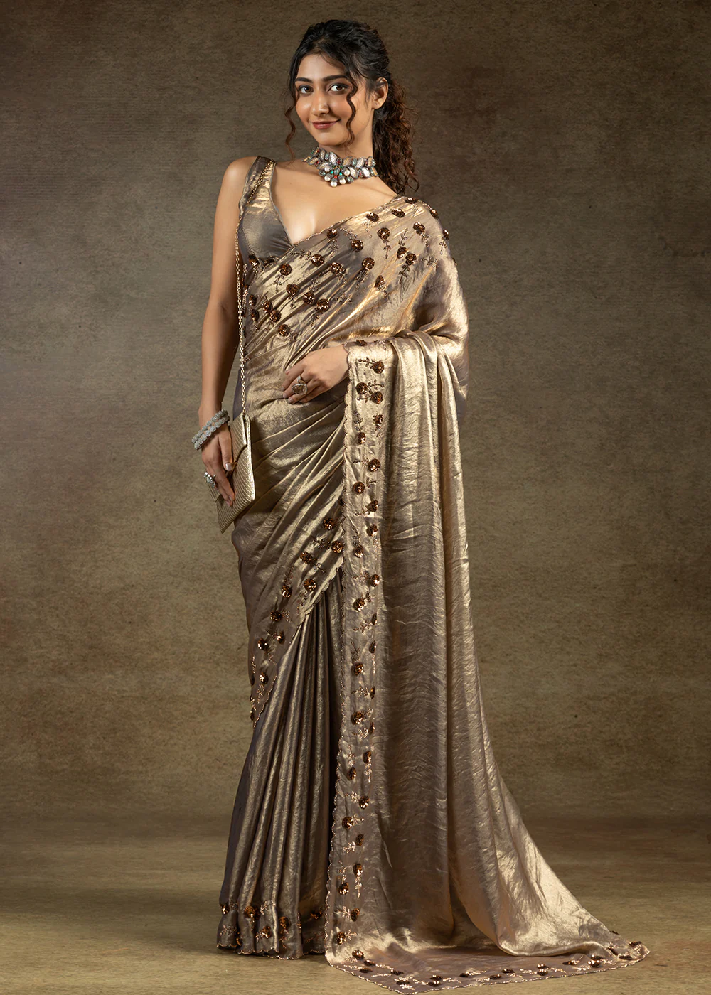 Gold Zarkan Work Embroidered Designer Party Wear Saree