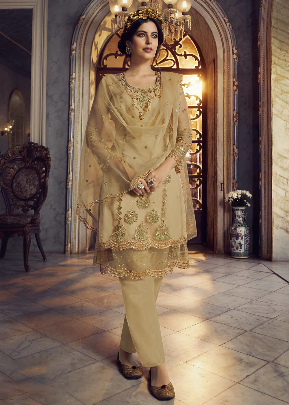 Golden Beige Lehenga/Pant Style Trendy Suit - Image 3