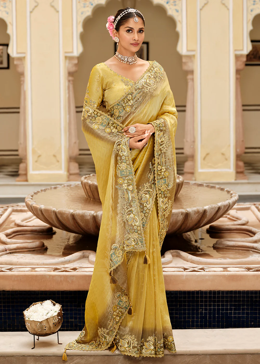 Golden & Green Traditional Embroidered Designer Saree