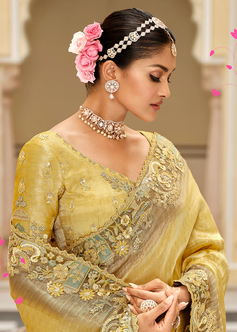 Golden & Green Traditional Embroidered Designer Saree - Image 2