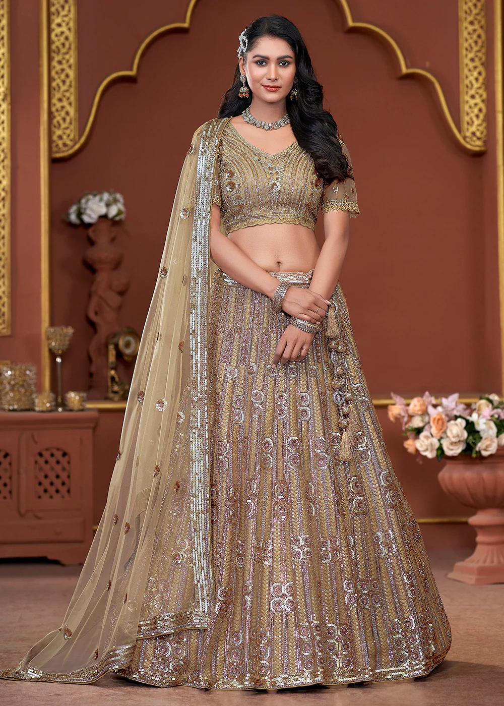 Golden Heavy Embroidered Wedding Wear Lehenga Choli