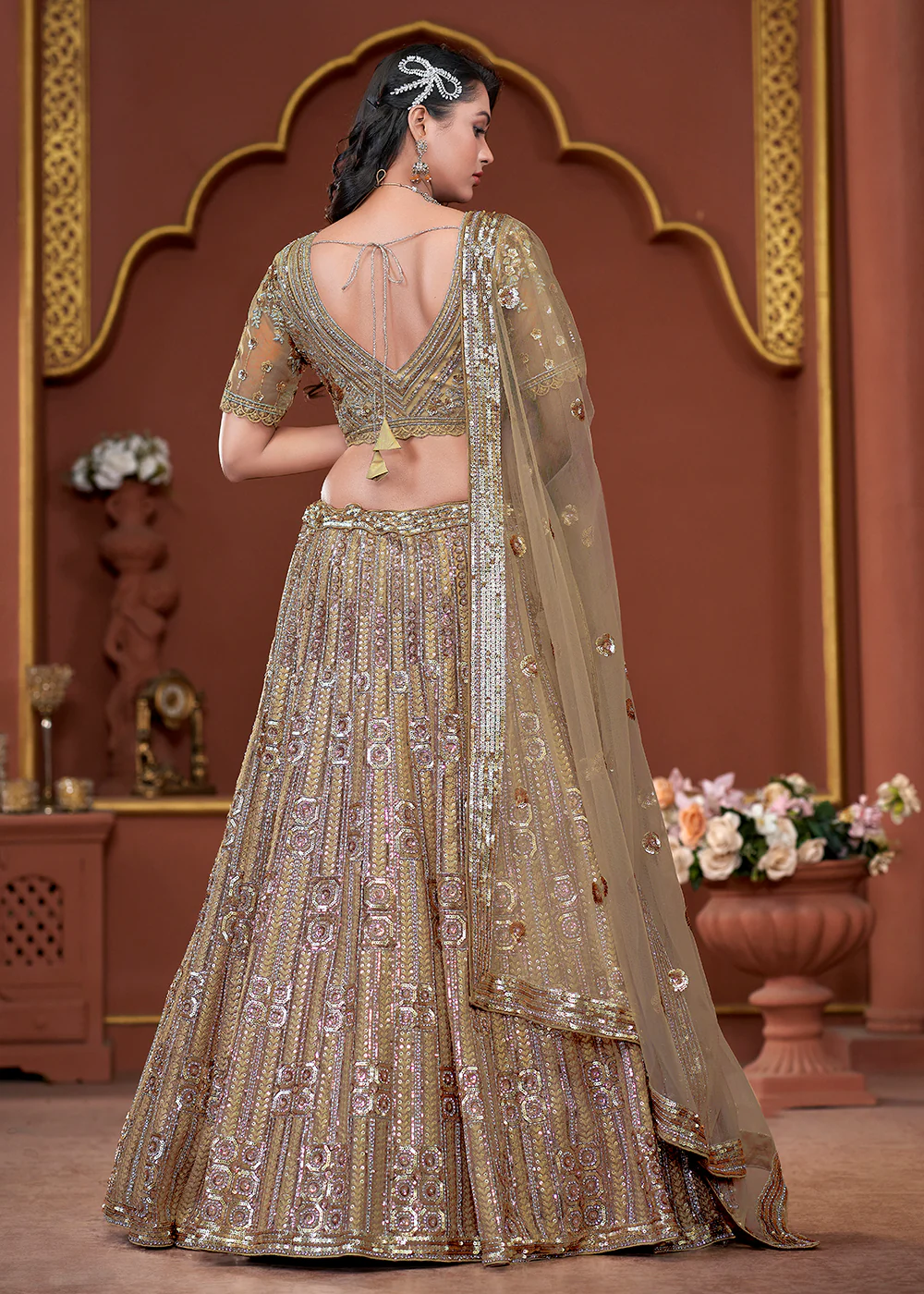 Golden Heavy Embroidered Wedding Wear Lehenga Choli - Image 3