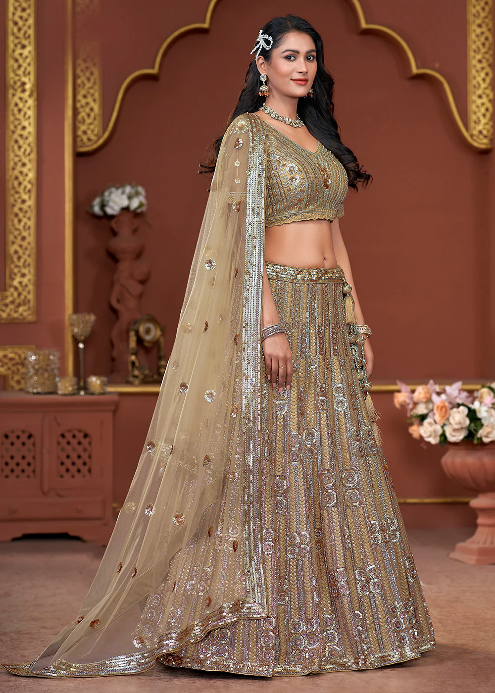 Golden Heavy Embroidered Wedding Wear Lehenga Choli - Image 5