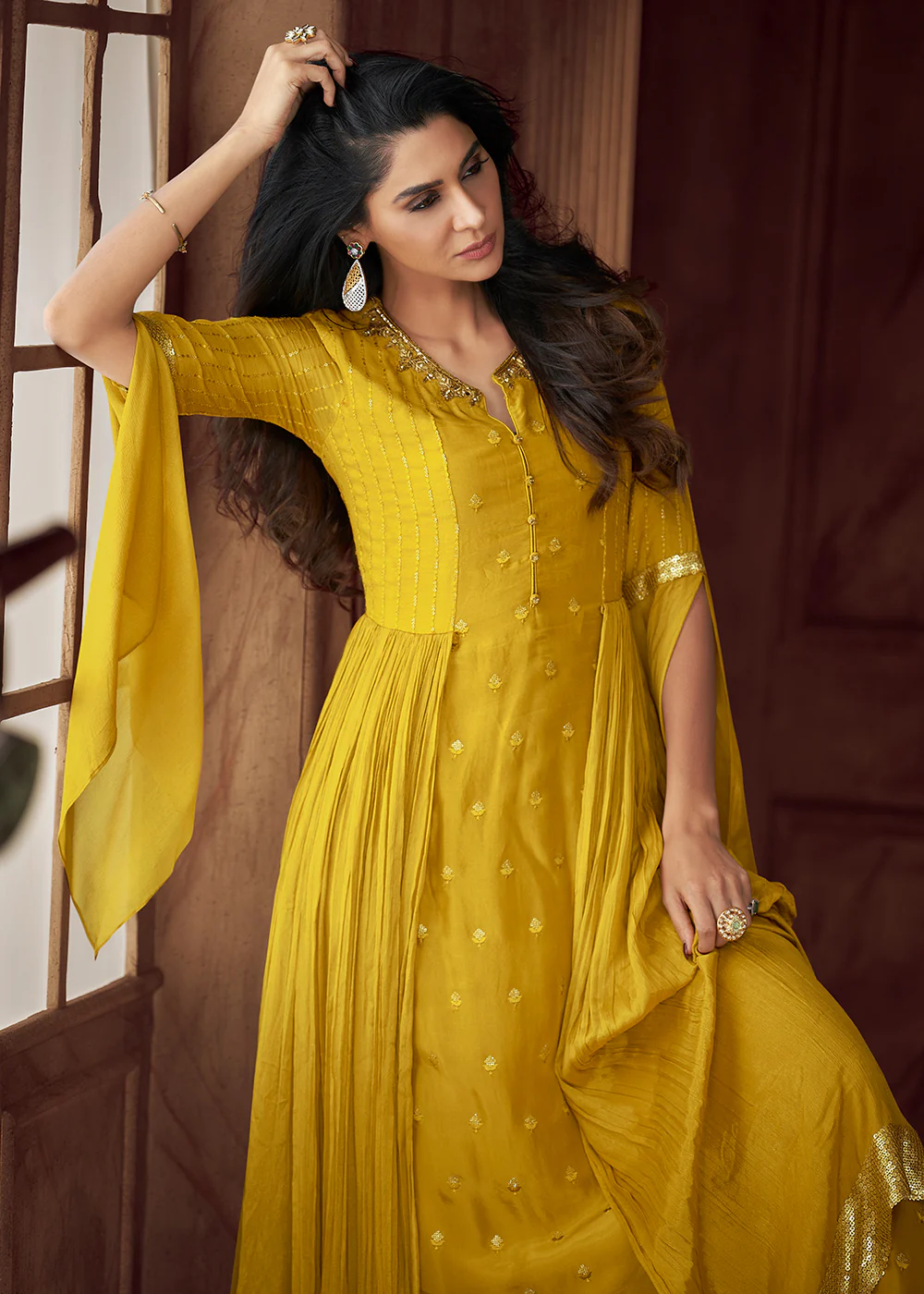 Yellow Heavy Georgette Embroidered Wedding Party Anarkali Gown - Image 2