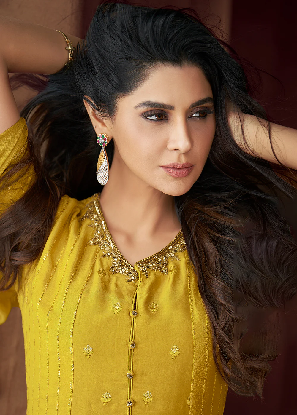 Yellow Heavy Georgette Embroidered Wedding Party Anarkali Gown - Image 3