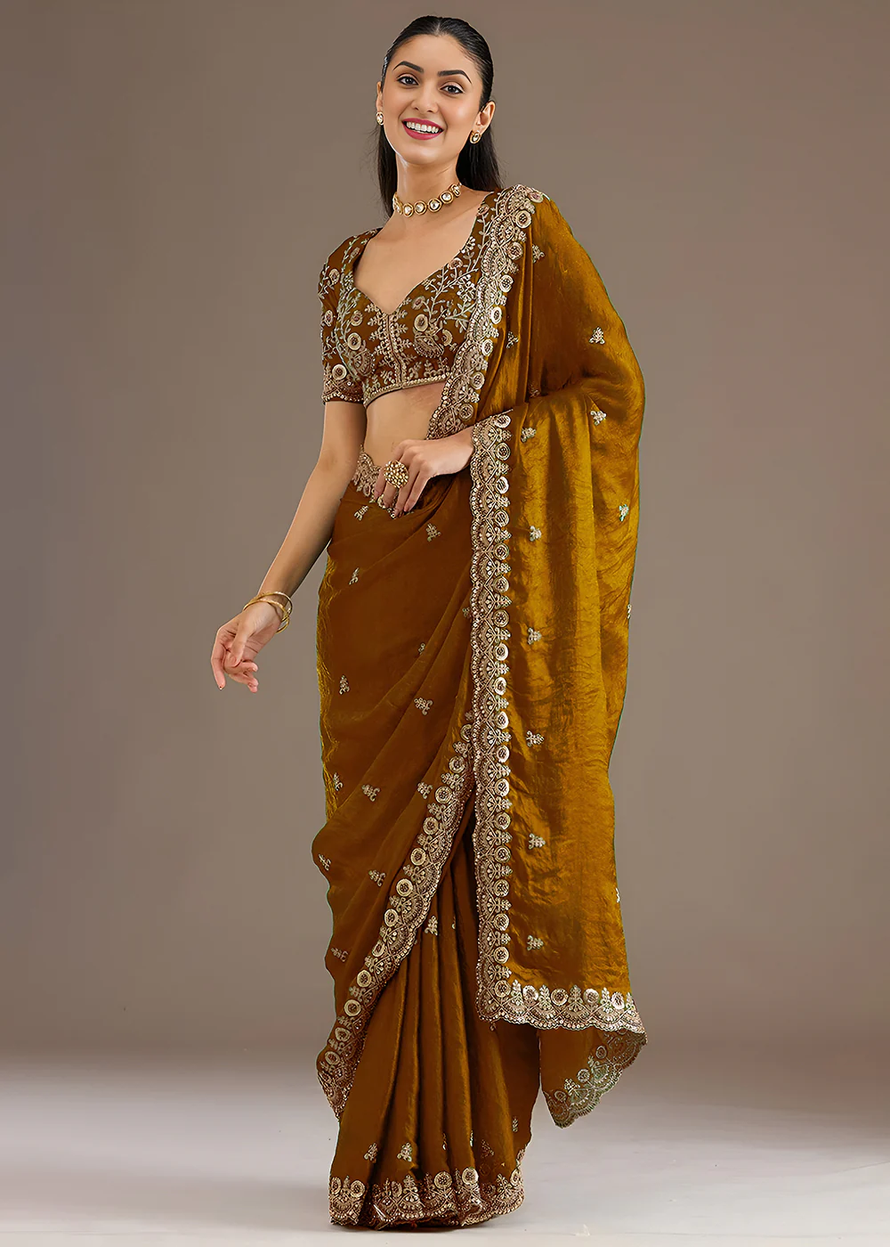Golden Multiple Sequins Embroidered Wedding Saree