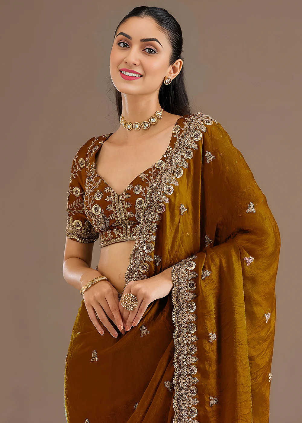 Golden Multiple Sequins Embroidered Wedding Saree - Image 2