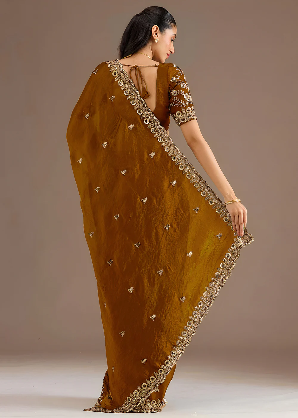 Golden Multiple Sequins Embroidered Wedding Saree - Image 3