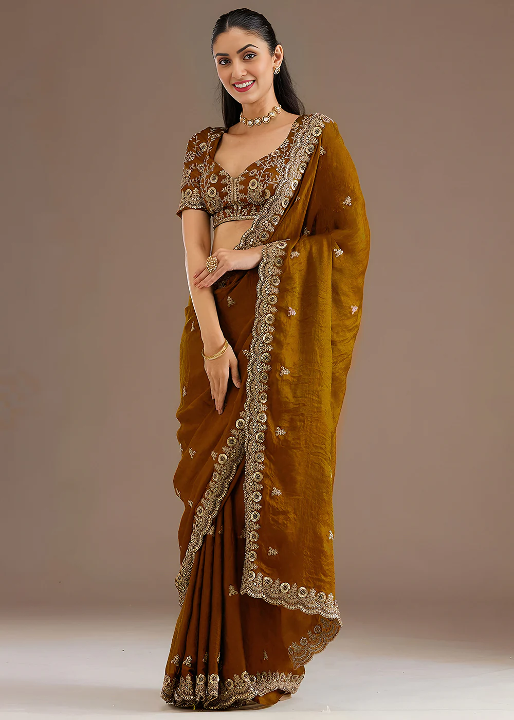 Golden Multiple Sequins Embroidered Wedding Saree - Image 4