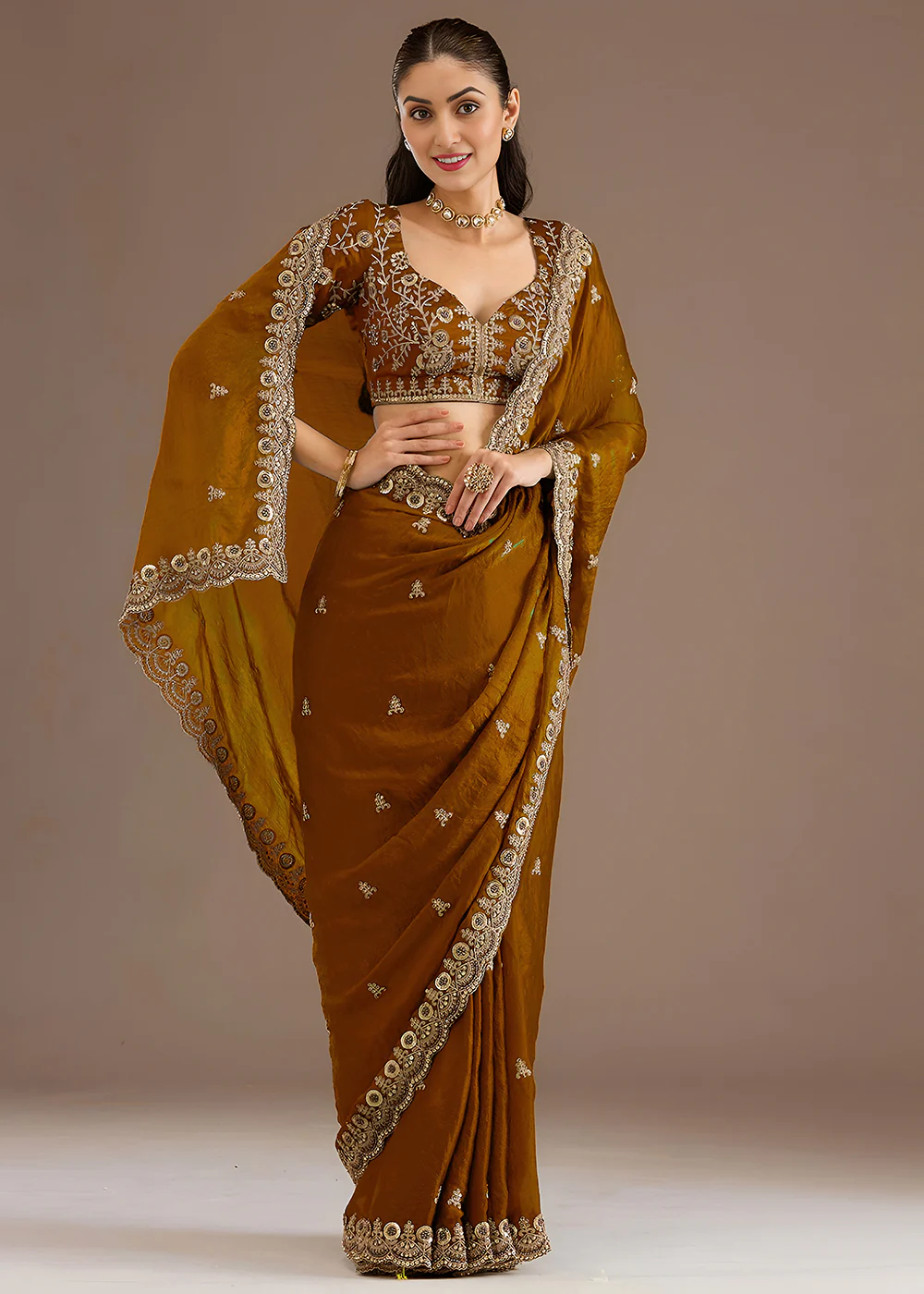 Golden Multiple Sequins Embroidered Wedding Saree - Image 5