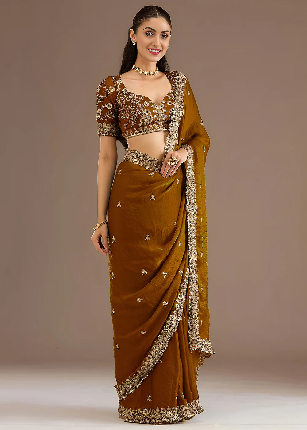 Golden Multiple Sequins Embroidered Wedding Saree - Image 6
