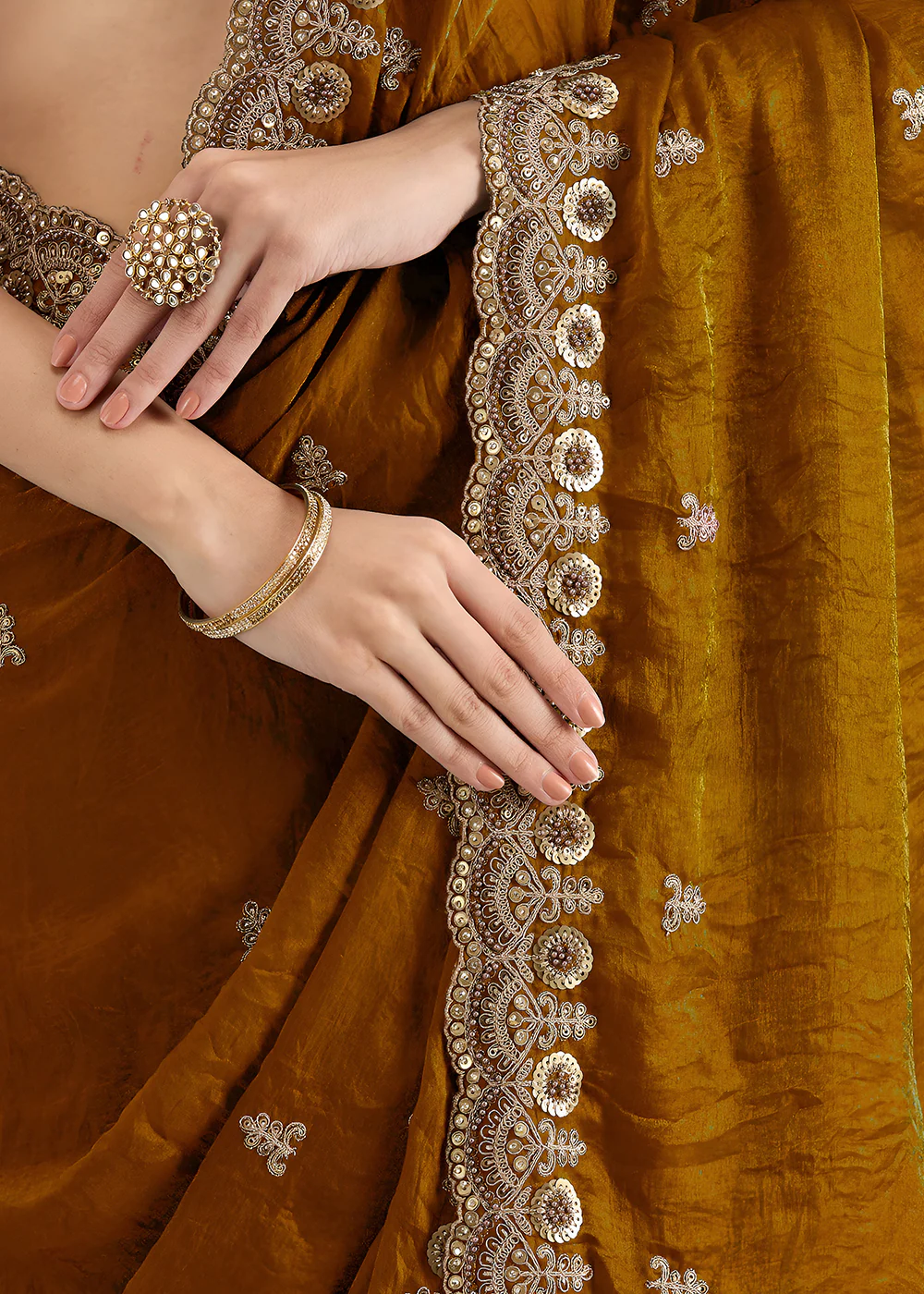 Golden Multiple Sequins Embroidered Wedding Saree - Image 7