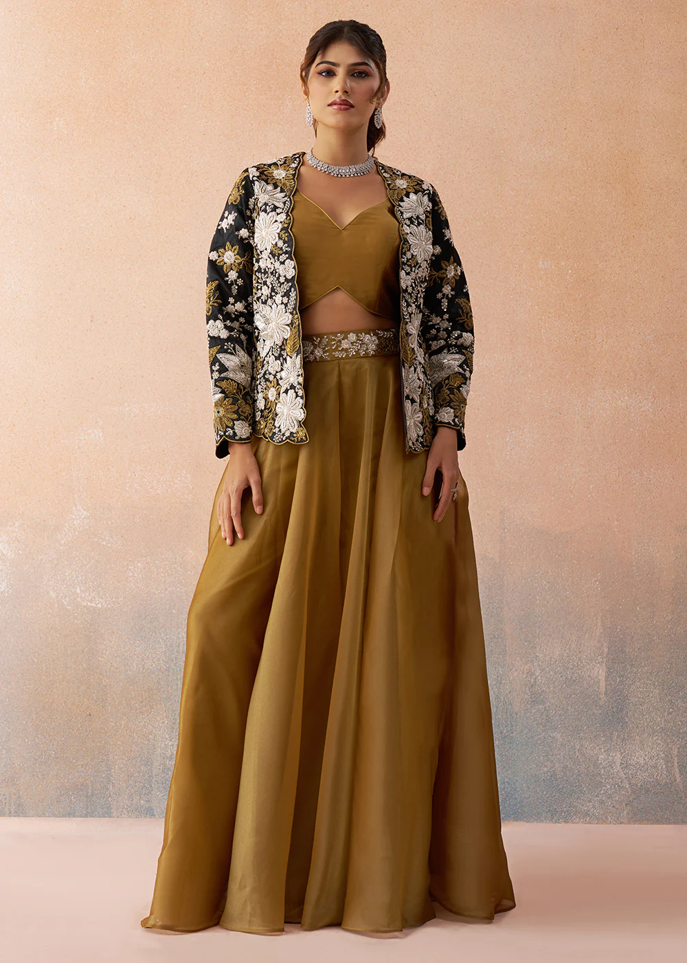 Golden Mustard Indo Western Crop Top with Black Jacket