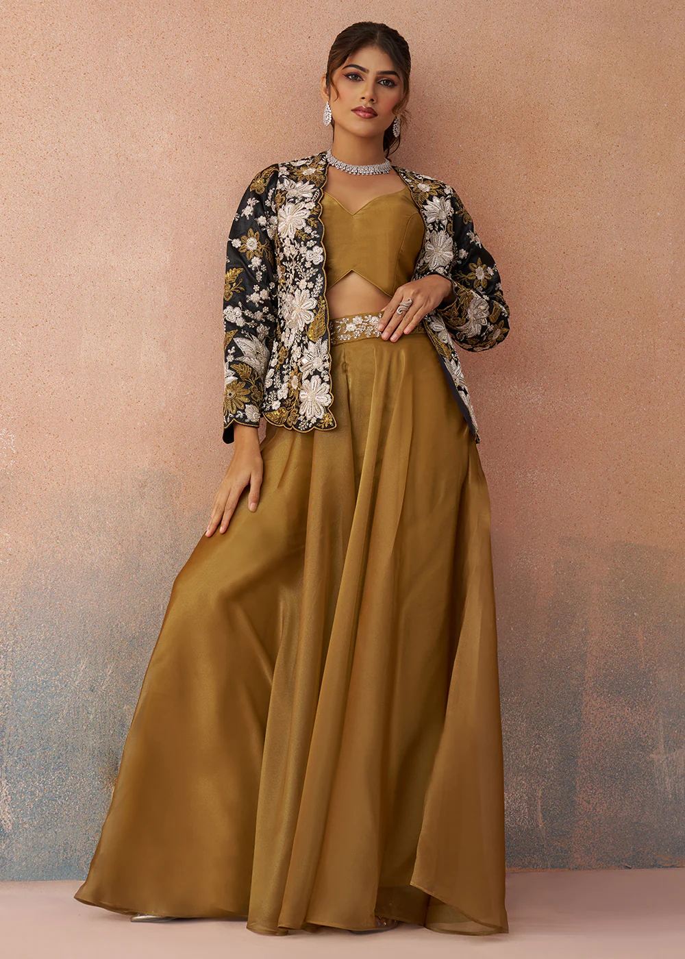 Golden Mustard Indo Western Crop Top with Black Jacket - Image 5