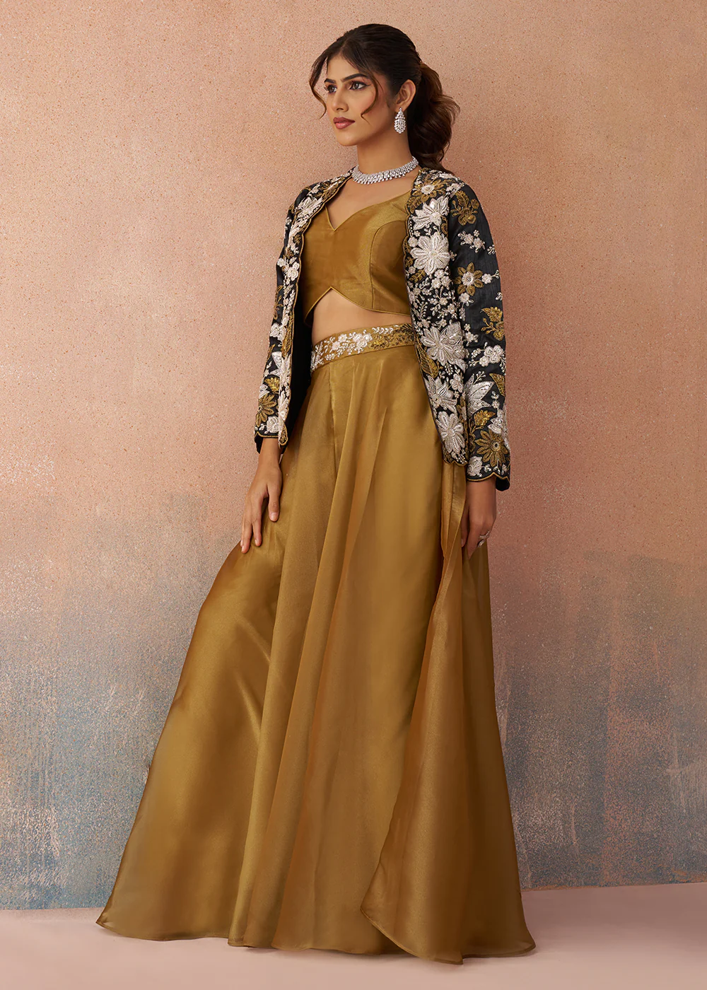 Golden Mustard Indo Western Crop Top with Black Jacket - Image 6