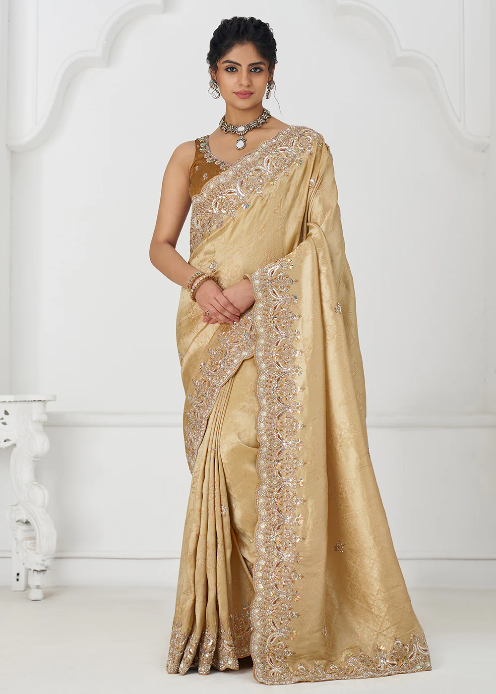 Golden Pure Dola Viscose Silk Wedding Wear Saree