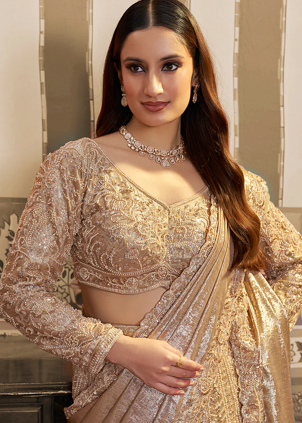 Golden Saree Style Embroidered Designer Lehenga Choli - Image 2