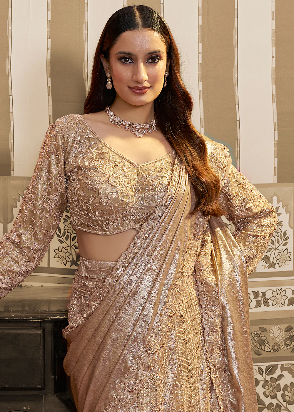 Golden Saree Style Embroidered Designer Lehenga Choli - Image 3