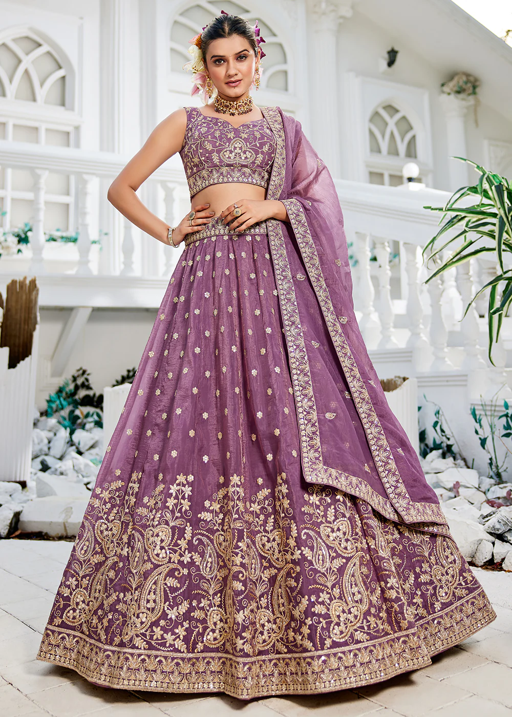Golden Tissue Lavender Sequins Reception Lehenga Choli
