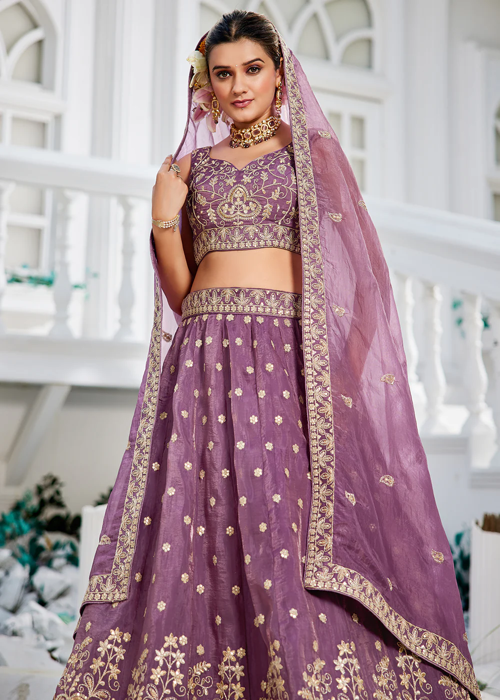 Golden Tissue Lavender Sequins Reception Lehenga Choli - Image 2