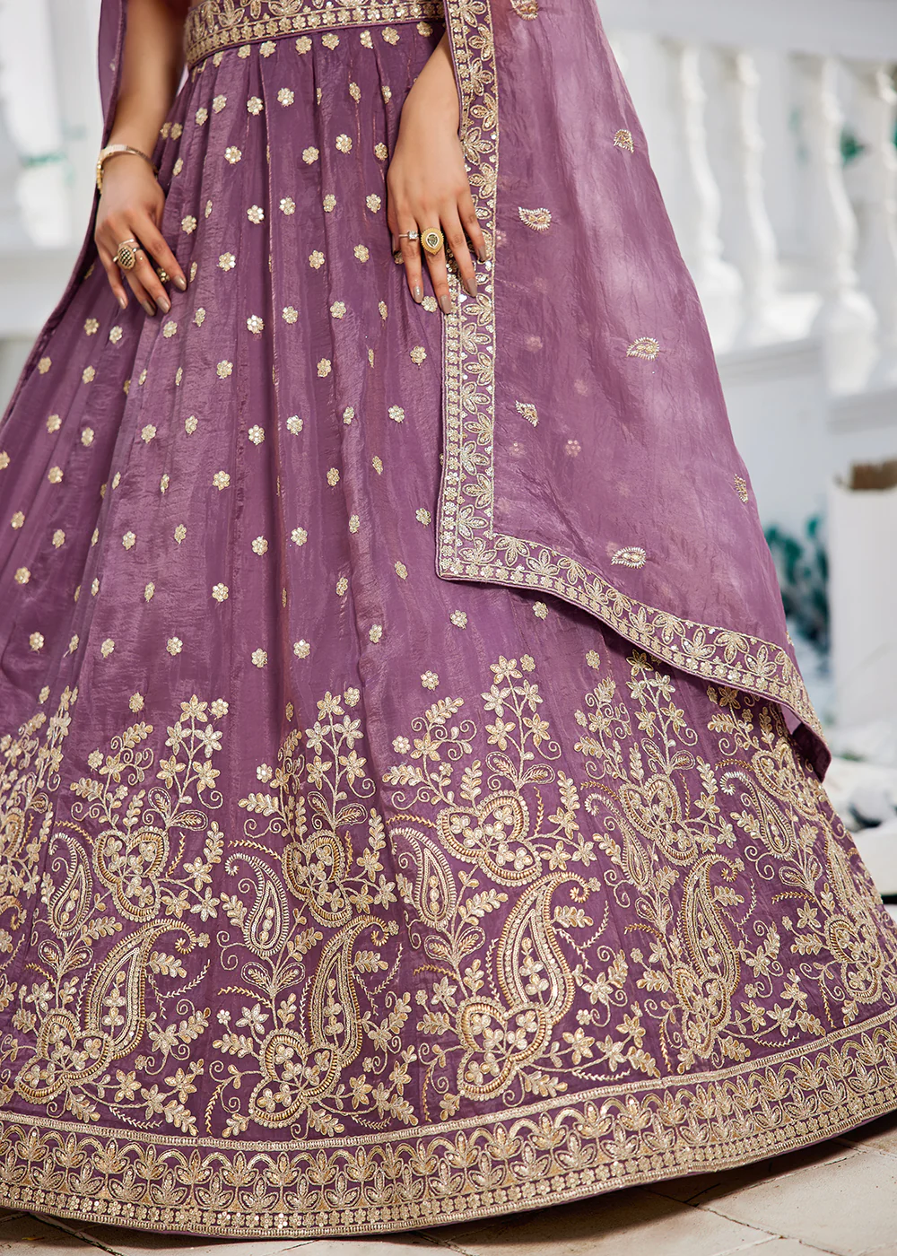 Golden Tissue Lavender Sequins Reception Lehenga Choli - Image 6
