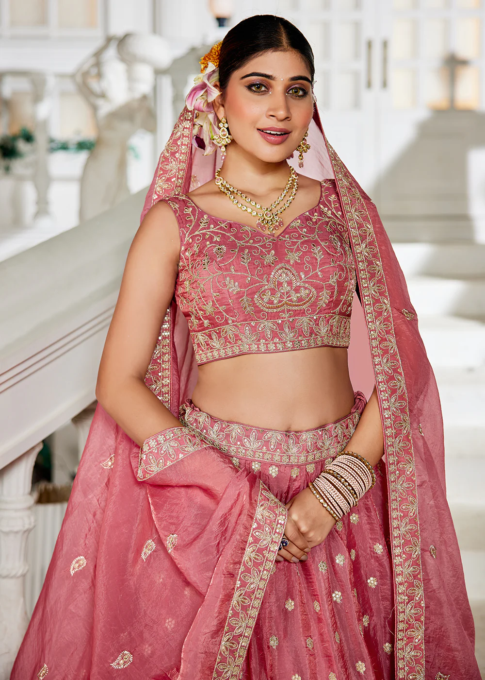 Golden Tissue Pink Sequins Reception Lehenga Choli - Image 2