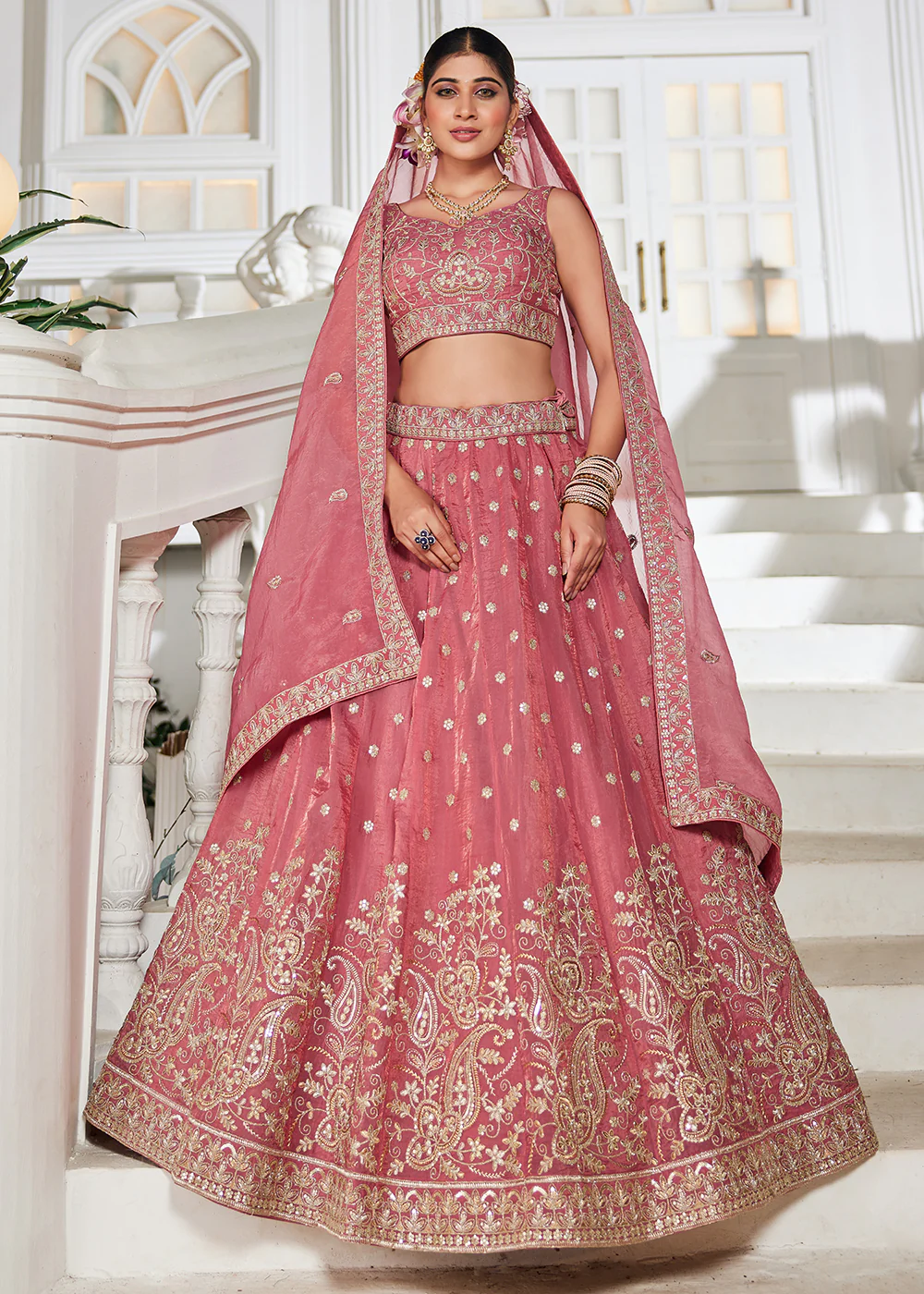 Golden Tissue Pink Sequins Reception Lehenga Choli - Image 5