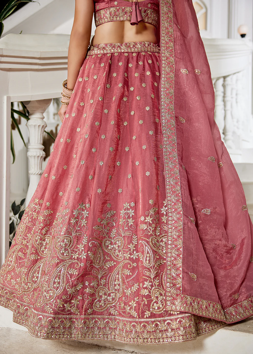 Golden Tissue Pink Sequins Reception Lehenga Choli - Image 7